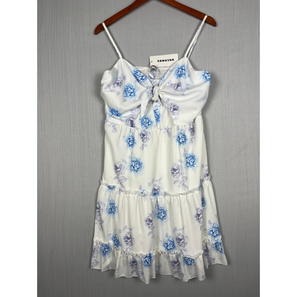 Romantic Cottagecore Mini Dress Womens XL‎ White Blue Floral Tie Front NWT
